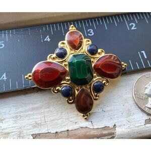 VTG Gold Star Cross Scarf Clip Brooch Multicolored Gems Jay Strongwater Pendant